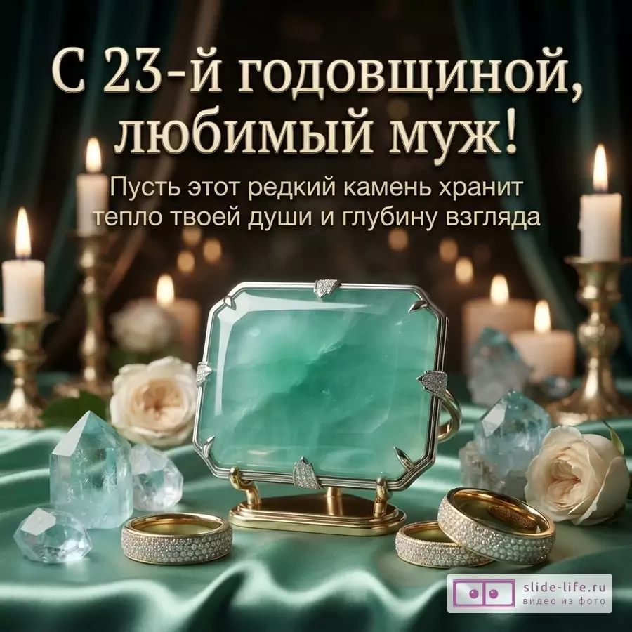 Зеленый берилл в оправе, кольца с бриллиантами, кристаллы, розы и свечи на ткани с надписью «С 23-й годовщиной, любимый муж! Пусть этот редкий камень хранит тепло твоей души и глубину взгляда».