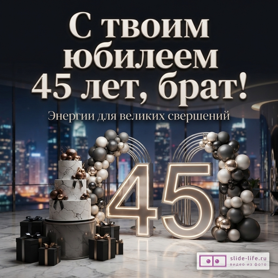 Темный фон, на переднем плане торт, подарки, шары и светящиеся цифры «45». Текст: «С твоим юбилеем 45 лет, брат! Энергии для великих свершений.»