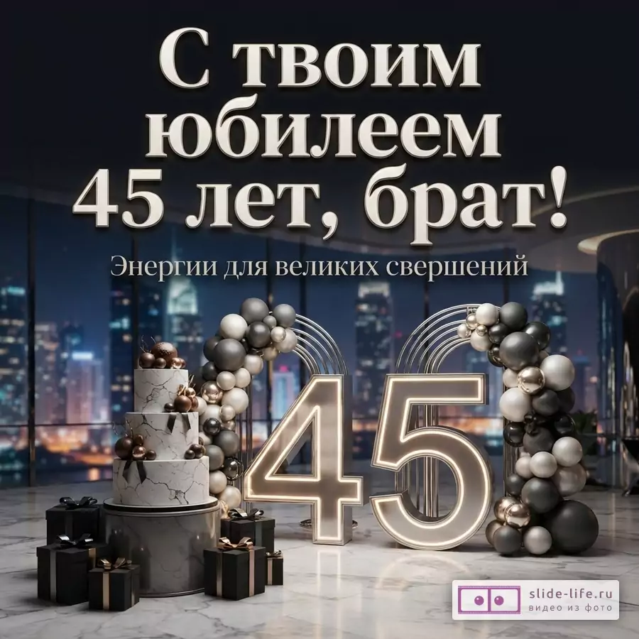 Темный фон, на переднем плане торт, подарки, шары и светящиеся цифры «45». Текст: «С твоим юбилеем 45 лет, брат! Энергии для великих свершений.»