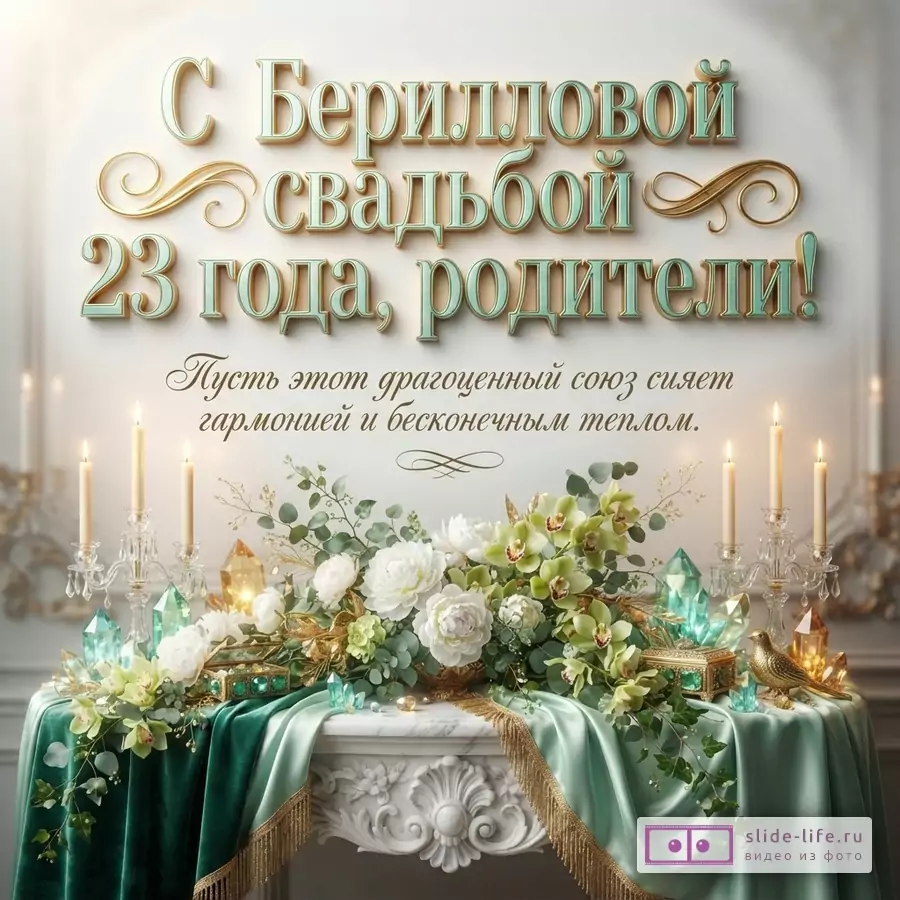 Объемная надпись «С Берилловой свадьбой 23 года, родители!», каминный стол с цветами, зелеными кристаллами и свечами в канделябрах