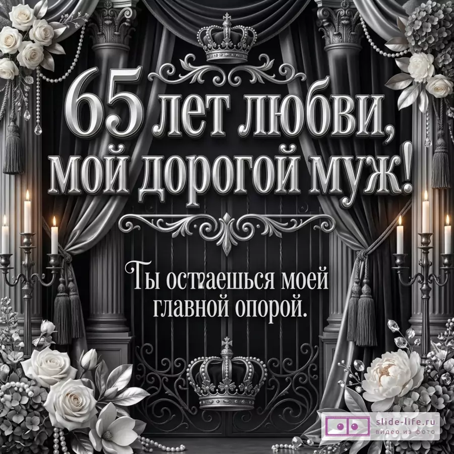 Черно-белая открытка с драпировками, колоннами, коронами, свечами, жемчужными гирляндами и цветами, текст «65 лет любви, мой дорогой муж! Ты остаешься моей главной опорой.»