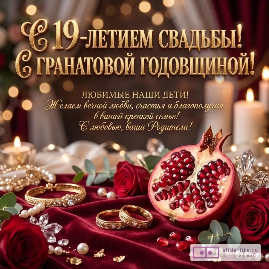 Бордово-коричневый фон с золотыми огнями и белыми свечами, гранат, красные розы, обручальные кольца, жемчуг. Текст: «С 19-летием свадьбы! С гранатовой годовщиной! Любимые наши дети!»