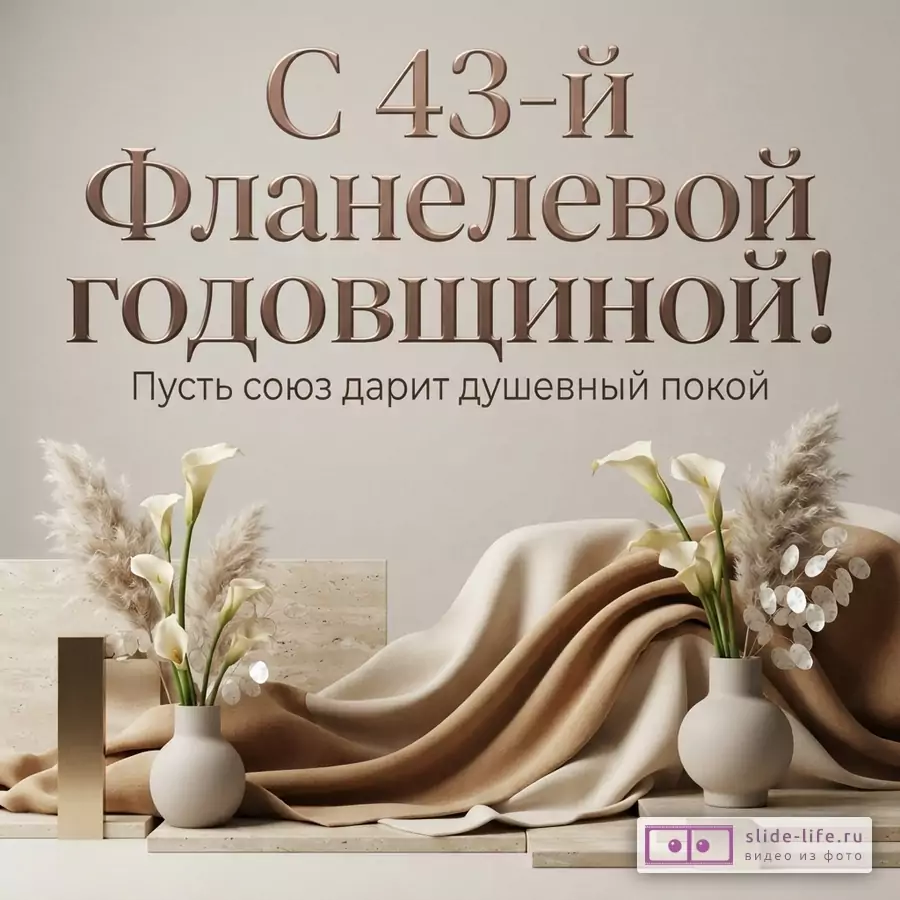 Открытка бежевого цвета с объемными коричневыми буквами. Внизу два вазона с белыми каллами и сухими травами, драпировка из бежевой и коричневой ткани. Текст: «С 43-й Фланелевой ГОДОВЩИНОЙ! Пусть союз дарит душевный покой»