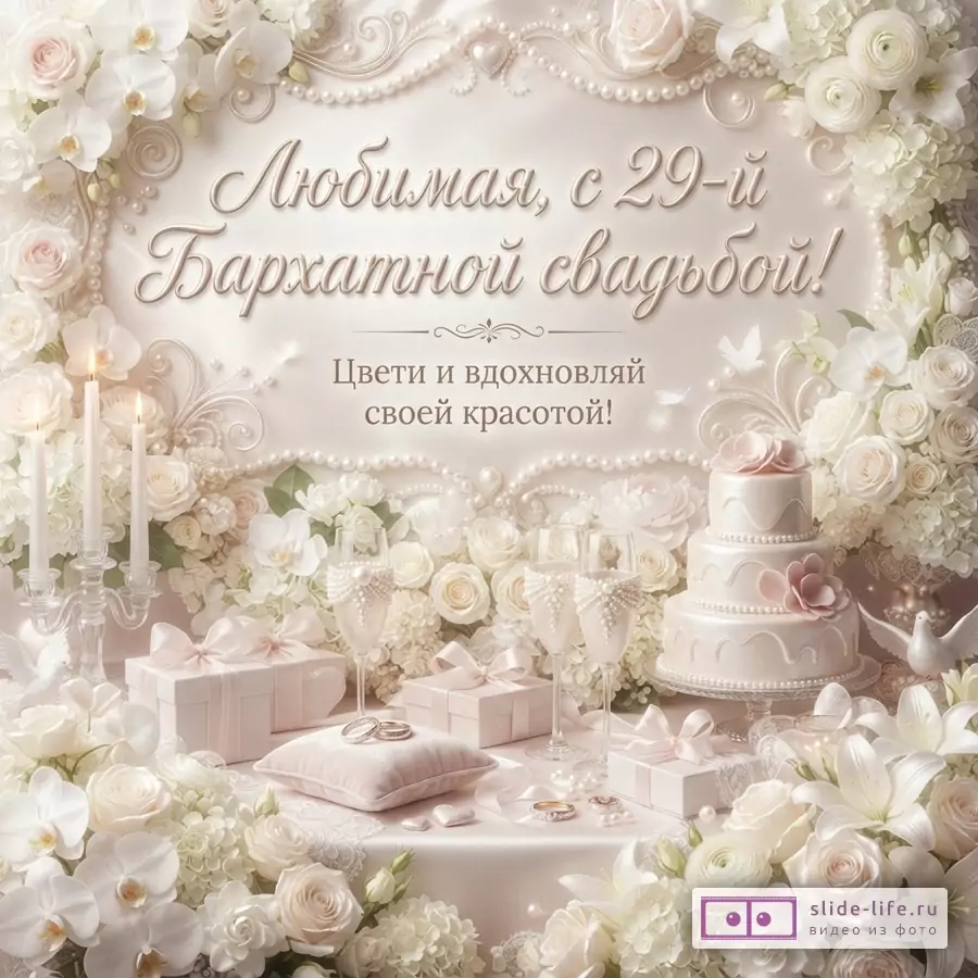 Открытка с бежевым фоном, украшенная белыми цветами, жемчугом и свечами. В центре надпись «Любимая, с 29-й Бархатной свадьбой! Цвети и вдохновляй своей красотой!»