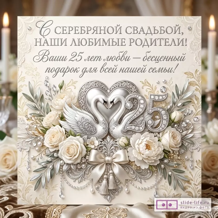 Кремовый фон с серебряным орнаментом, лебеди и цифра 25, белые розы и жемчуг, серебряная лента. Текст: «С СЕРЕБРЯНОЙ СВАДЬБОЙ, НАШИ ЛЮБИМЫЕ РОДИТЕЛИ! Ваши 25 лет любви — бесценный подарок для всей нашей семьи!»