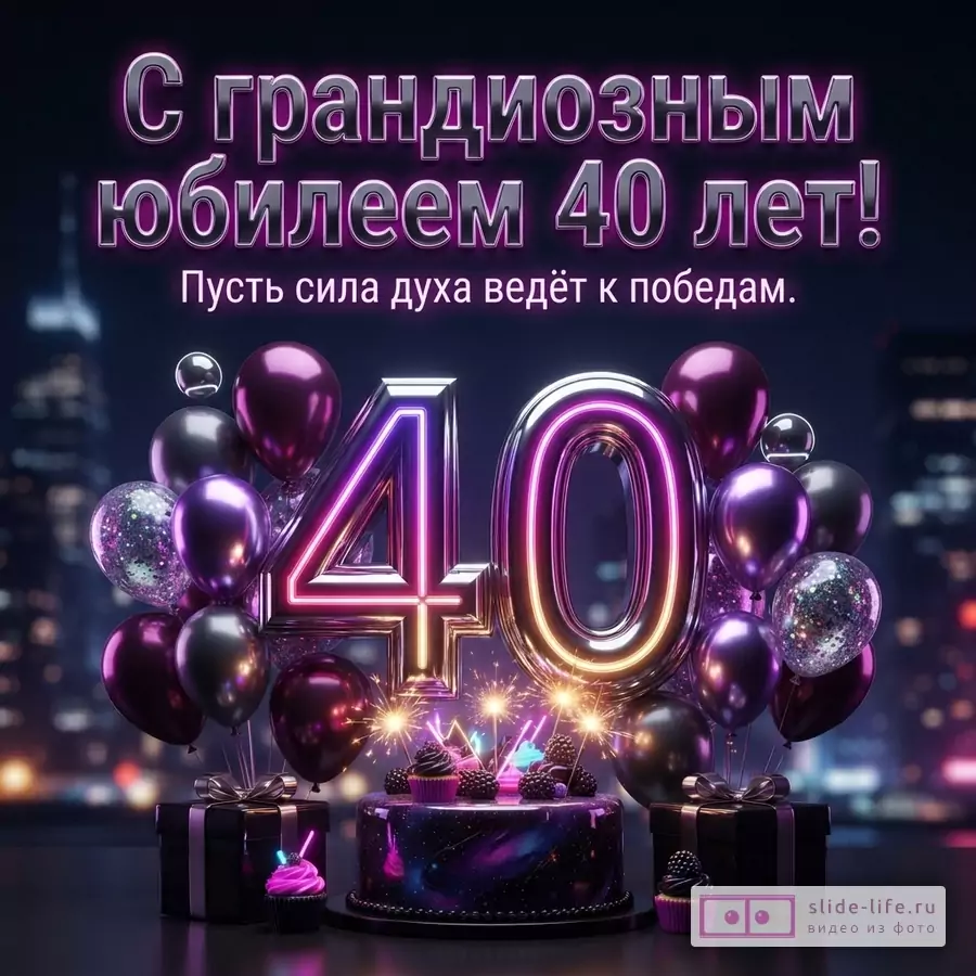 Открытка с неоновыми цифрами «40», фиолетовыми и черными воздушными шарами, праздничным тортом и подарками на фоне ночного города. Текст: «С грандиозным юбилеем 40 лет! Пусть сила духа ведёт к победам.»