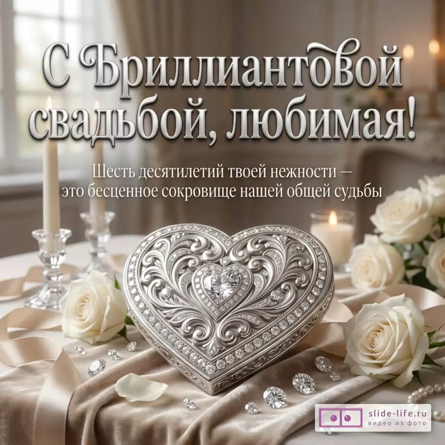 Открытка с серебристой шкатулкой в форме сердца, белыми розами, свечами, бежевым фоном и текстом «С Бриллиантовой свадьбой, любимая! Шесть десятилетий твоей нежности — это бесценное сокровище нашей общей судьбы»