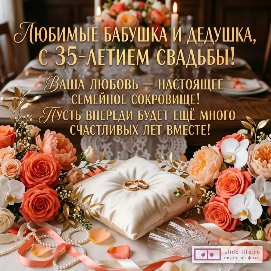 Теплая коричнево-бежевая открытка с коралловыми цветами, белой подушкой с кольцами и текстом «Любимые бабушка и дедушка, с 35-летием свадьбы!».