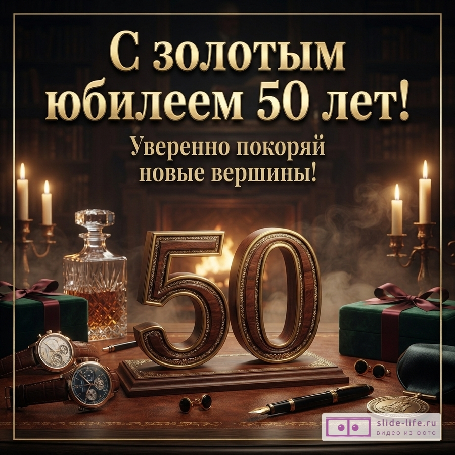 Открытка с золотым обрамлением, на темном фоне камина с огнем. На переднем плане объемные цифры «50» из дерева и золота, рядом часы, графин с напитком, подарки, ручка. Текст: «С золотым юбилеем 50 лет! Уверенно покоряй новые вершины!»