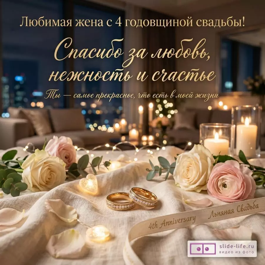 Темно-синий и бежево-золотистый фон, свечи, белые и розовые цветы, льняная ткань и обручальные кольца. Текст: «Любимая жена с 4 годовщиной свадьбы! Спасибо за любовь, нежность и счастье»