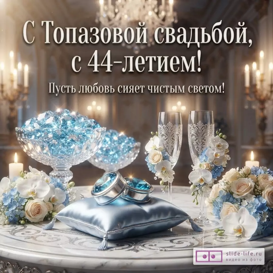 Фон интерьера с люстрой и свечами, на столе вазы с голубыми камнями, два бокала, кольца на голубой подушке, цветы. Текст «С Топазовой свадьбой, с 44-летием! Пусть любовь сияет чистым светом!»