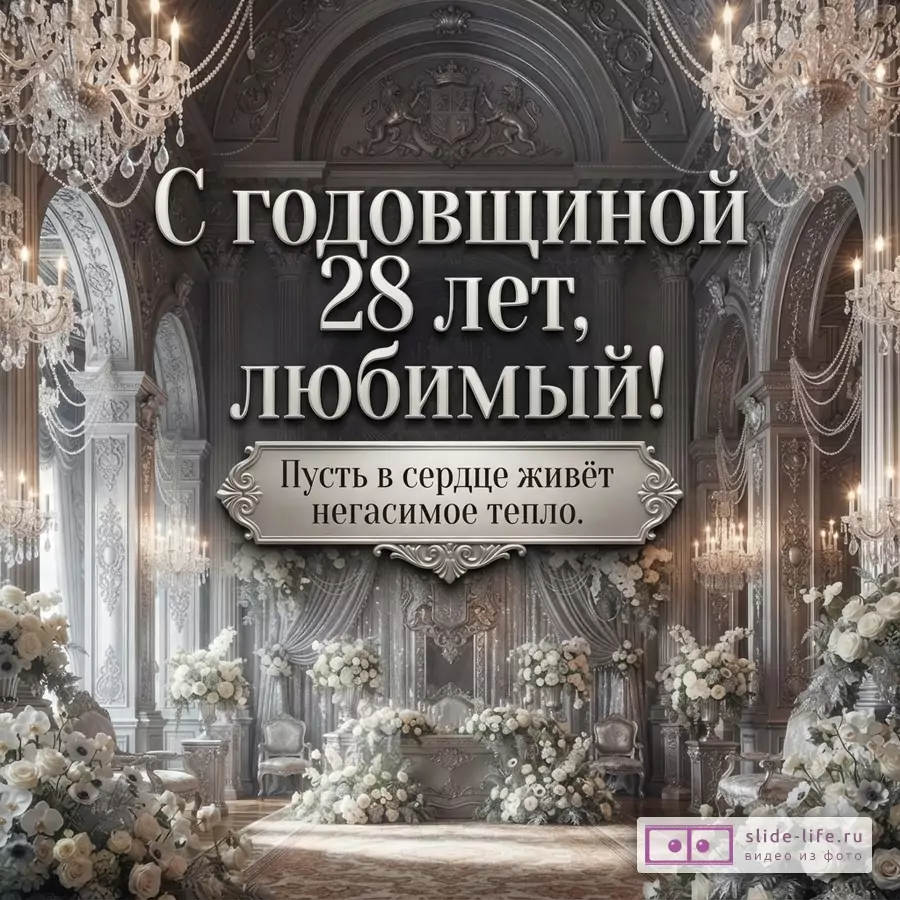 Интерьер банкетного зала в серых тонах с белыми цветами и хрустальными люстрами. Текст «С годовщиной 28 лет, любимый!» и «Пусть в сердце живёт негасимое тепло.»