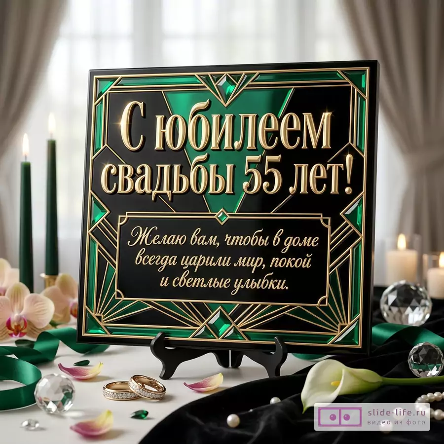 Открытка в черно-изумрудных тонах с золотой геометрической рамкой, свечами, кольцами, орхидеями, каллой, кристаллами и текстом «С юбилеем свадьбы 55 лет! Желаю вам, чтобы в доме всегда царили мир, покой и светлые улыбки.»