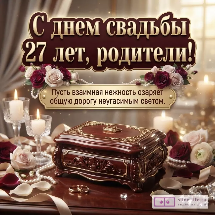 Открытка с бордовым фоном, золотыми буквами и цветами. Текст «С днем свадьбы 27 лет, родители! Пусть взаимная нежность озаряет общую дорогу неугасимым светом.».