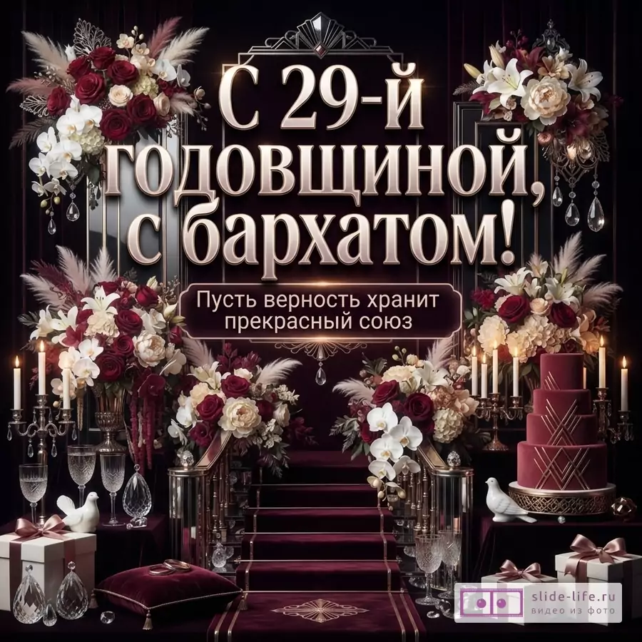 Темный бордовый фон, крупная золотистая надпись «С 29-й годовщиной, с бархатом!», ниже текст «Пусть верность хранит прекрасный союз», цветочные композиции, свечи, бокалы, подарки.