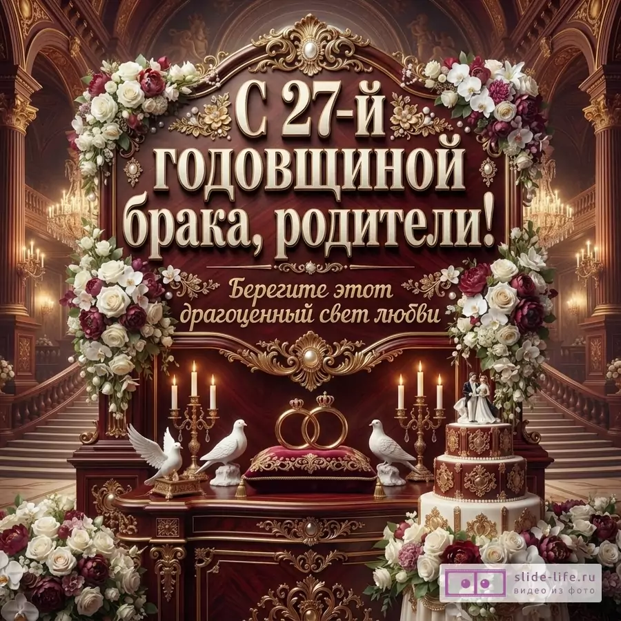Открытка с красным фоном, золотой рамкой, белыми и бордовыми цветами. Текст «С 27-й годовщиной брака, родители!» и «Берегите этот драгоценный свет любви».
