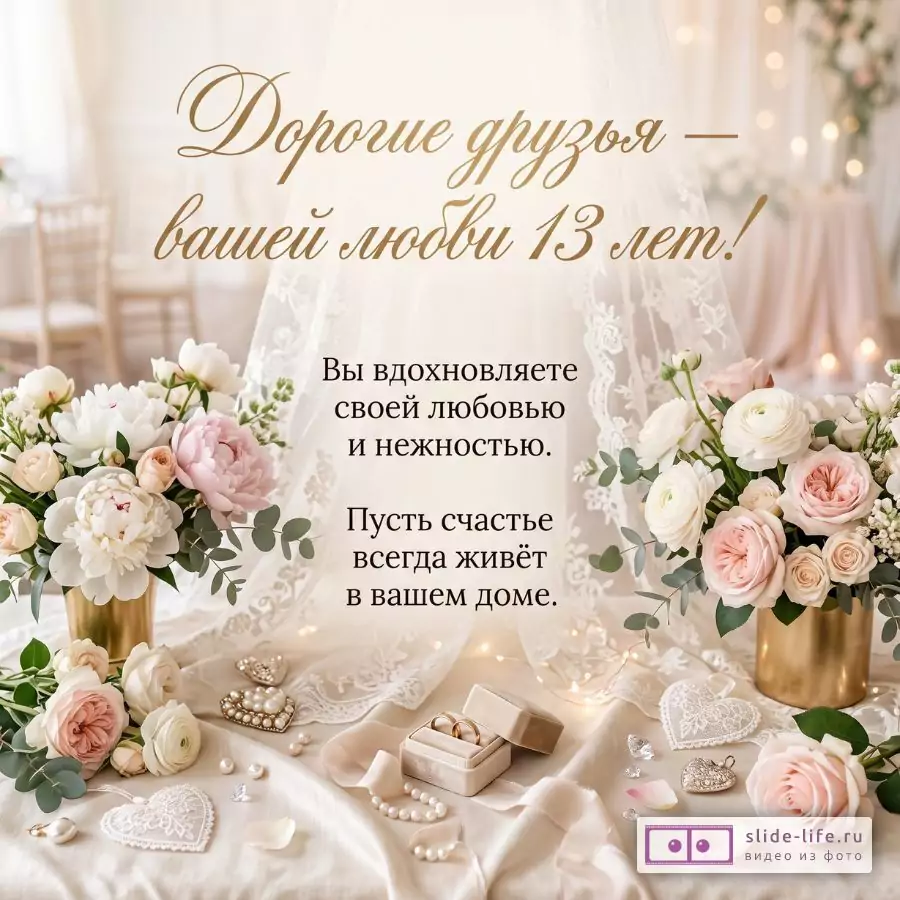 С 13-й годовщиной свадьбы, дорогие друзья — открытка с Кружевной свадьбой и теплыми пожеланиями