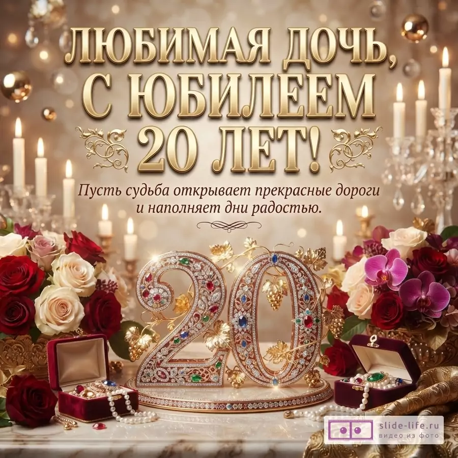 Ювелирная цифра 20, шкатулки с драгоценностями, букеты роз и свечи с текстом «ЛЮБИМАЯ ДОЧЬ, С ЮБИЛЕЕМ 20 ЛЕТ! Пусть судьба открывает прекрасные дороги и наполняет дни радостью.»
