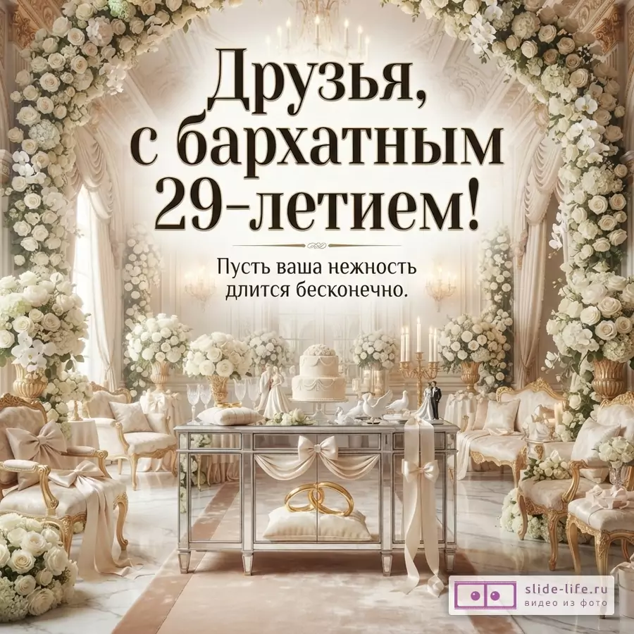 Интерьер в бежево-золотых тонах, цветочные арки и композиции, стол с декором. Текст «Друзья, с бархатным 29-летием! Пусть ваша нежность длится бесконечно.»