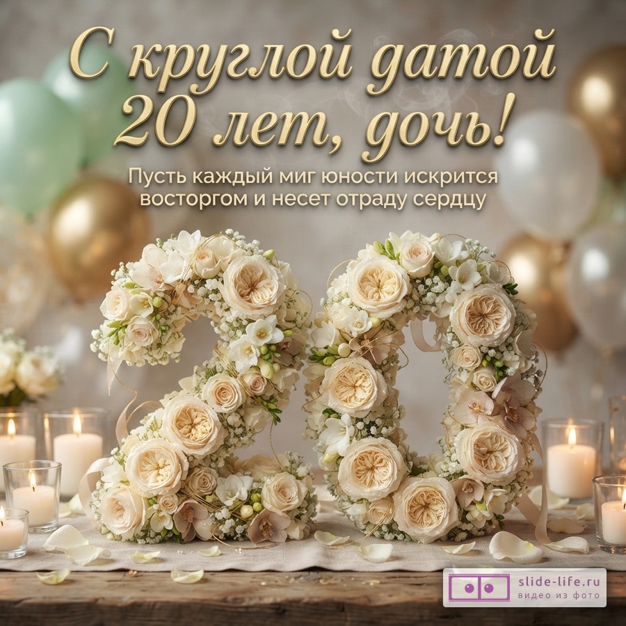 Золотой текст «С круглой датой 20 лет, дочь! Пусть каждый миг юности искрится восторгом и несет отраду сердцу», бежевый фон, шары, свечи, цифра 20 из цветов