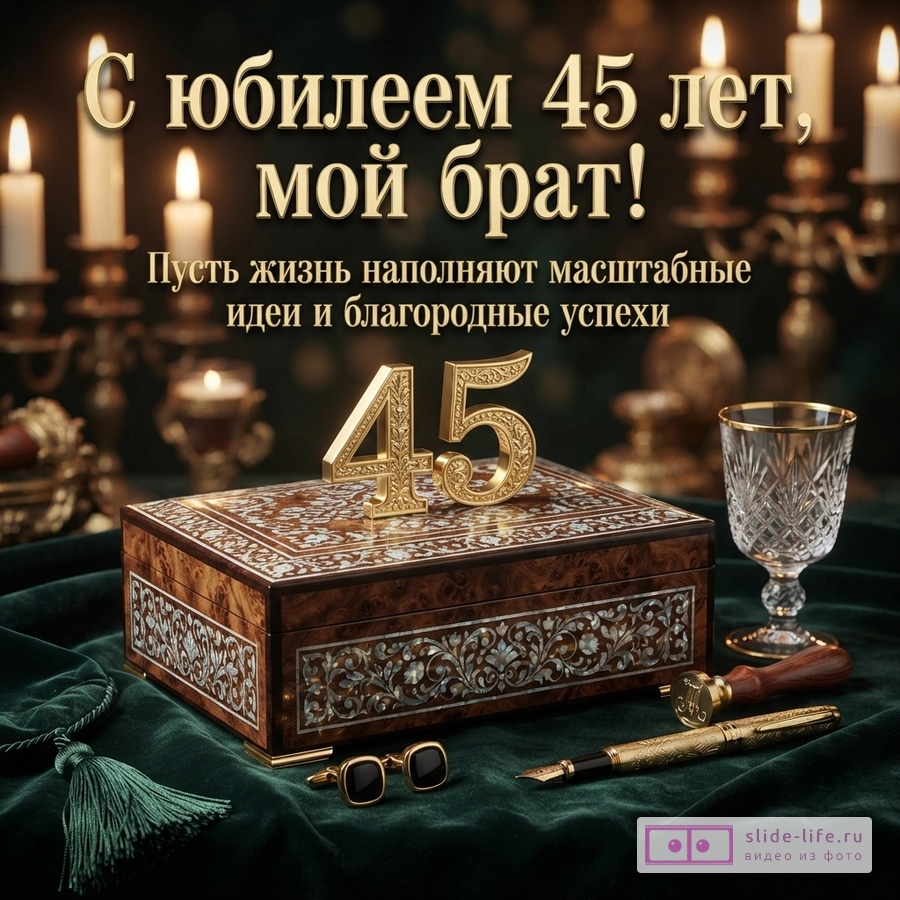 Открытка с юбилеем 45 лет. На темно-зеленом фоне золотые свечи, шкатулка, бокал, запонки, ручка. Текст: «С юбилеем 45 лет, мой брат! Пусть жизнь наполняют масштабные идеи и благородные успехи»