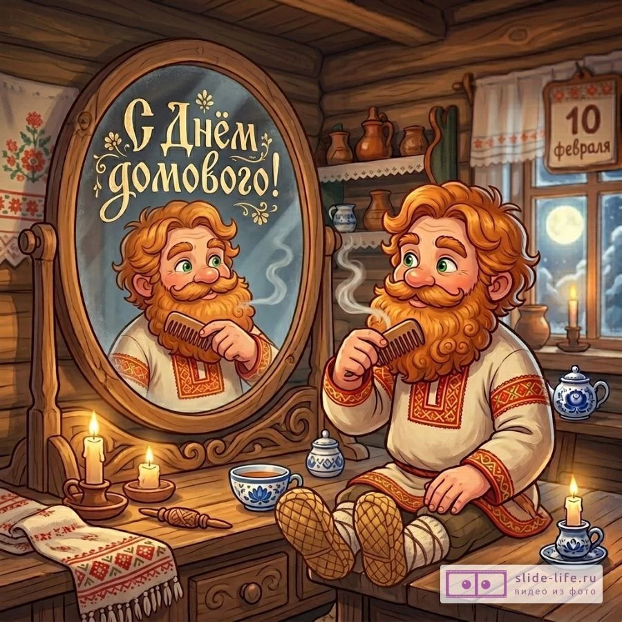 Поздравление с Днём домового — открытка с добрым домовым скачать