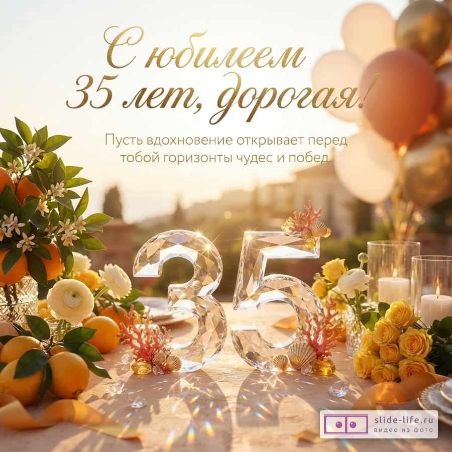 Хрустальная цифра 35 на праздничном столе среди желтых роз, апельсинов и свечей с надписью «С юбилеем 35 лет, дорогая! Пусть вдохновение открывает перед тобой горизонты чудес и побед.»