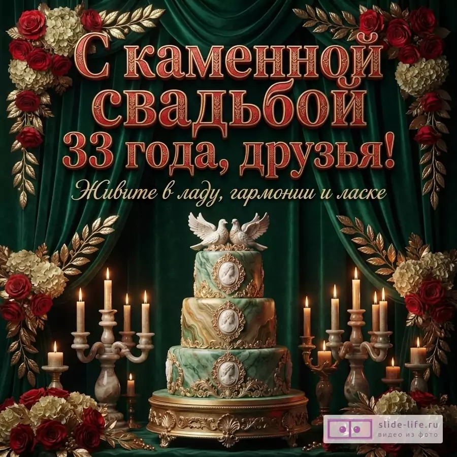 Зеленый фон, красные розы, золотые листья, свадебный торт с белыми голубями, свечи. Текст: «С каменной свадьбой 33 года, друзья! Живите в ладу, гармонии и ласке»