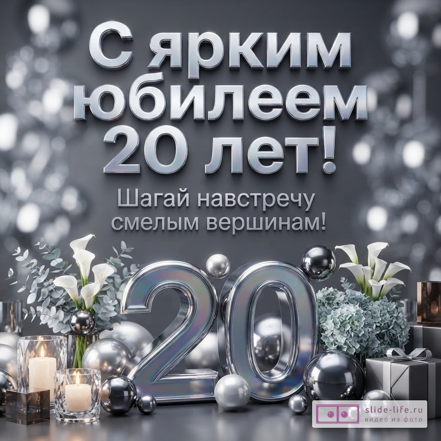 Открытка на сером фоне с серебряными буквами «С ярким юбилеем 20 лет! Шагай навстречу смелым вершинам!». Внизу серебряные цифры 20, свечи, цветы каллы и декоративные шары.