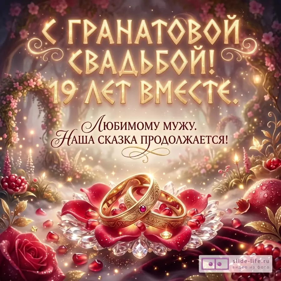 Фиолетово-розовый фон с золотым свечением, цветами и гранатами, в центре две золотые обручальные кольца на лепестках. Текст «Гранатовой свадьбой! 19 лет вместе. Любимому мужу»