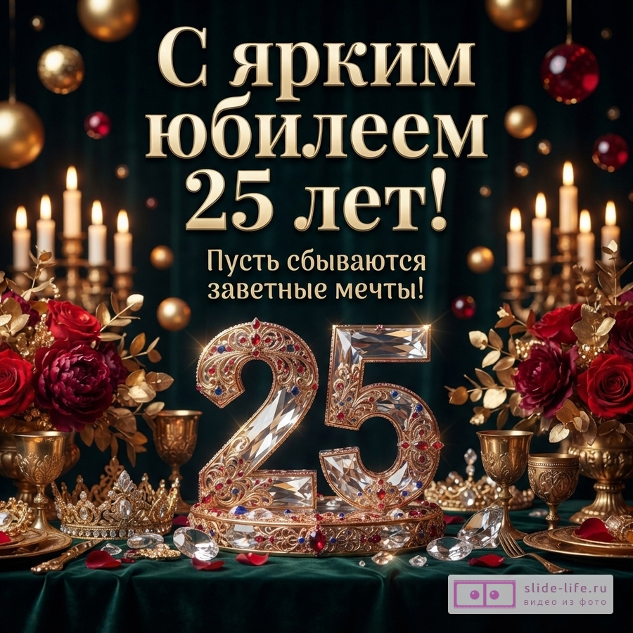 Инкрустированная кристаллами цифра 25 на праздничном столе с розами, свечами и золотыми кубками, надпись «С ярким юбилеем 25 лет! Пусть сбываются заветные мечты!».