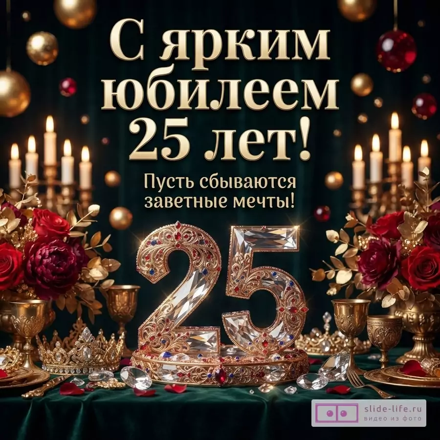 Инкрустированная кристаллами цифра 25 на праздничном столе с розами, свечами и золотыми кубками, надпись «С ярким юбилеем 25 лет! Пусть сбываются заветные мечты!».