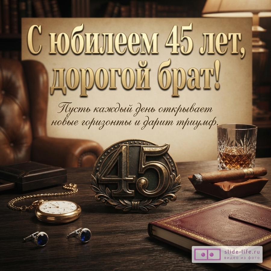 Фон темный, коричневый. На переднем плане деревянный стол, на нем лежат часы, запонки, книга, сигара, стакан с напитком. На заднем плане кресло. В центре открытка с текстом «С юбилеем 45 лет, дорогой брат! Пусть каждый день открывает новые горизонты и дарит триумф.»