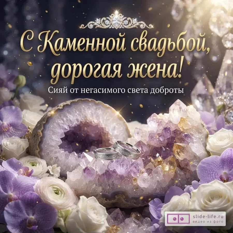 Открытка на Каменную свадьбу с фоном из кристаллов аметиста, белых роз и сиреневых орхидей. Сверху золотая корона с бриллиантами. В центре два обручальных кольца. Текст: «С Каменной свадьбой, дорогая жена! Сияй от негасимого света доброты»