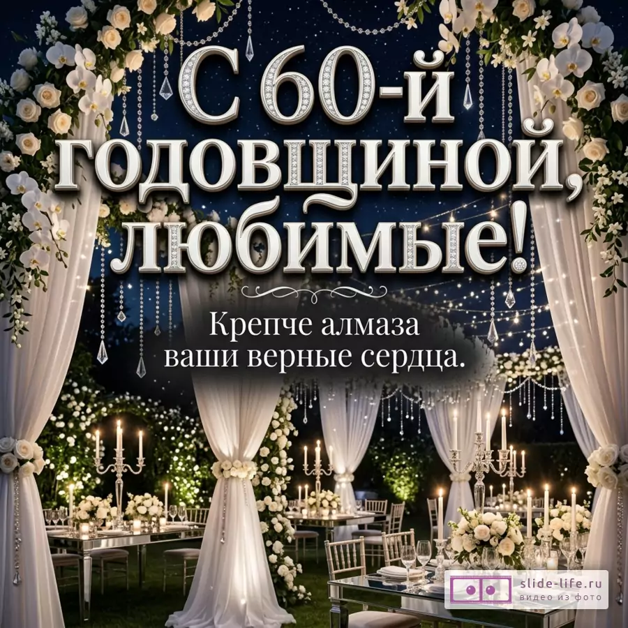 Белые цветочные арки и шторы, темно-синий ночной фон, подвесные кристаллы, свечи, сервированные столы, текст «С 60-й годовщиной, любимые! Крепче алмаза ваши верные сердца.»