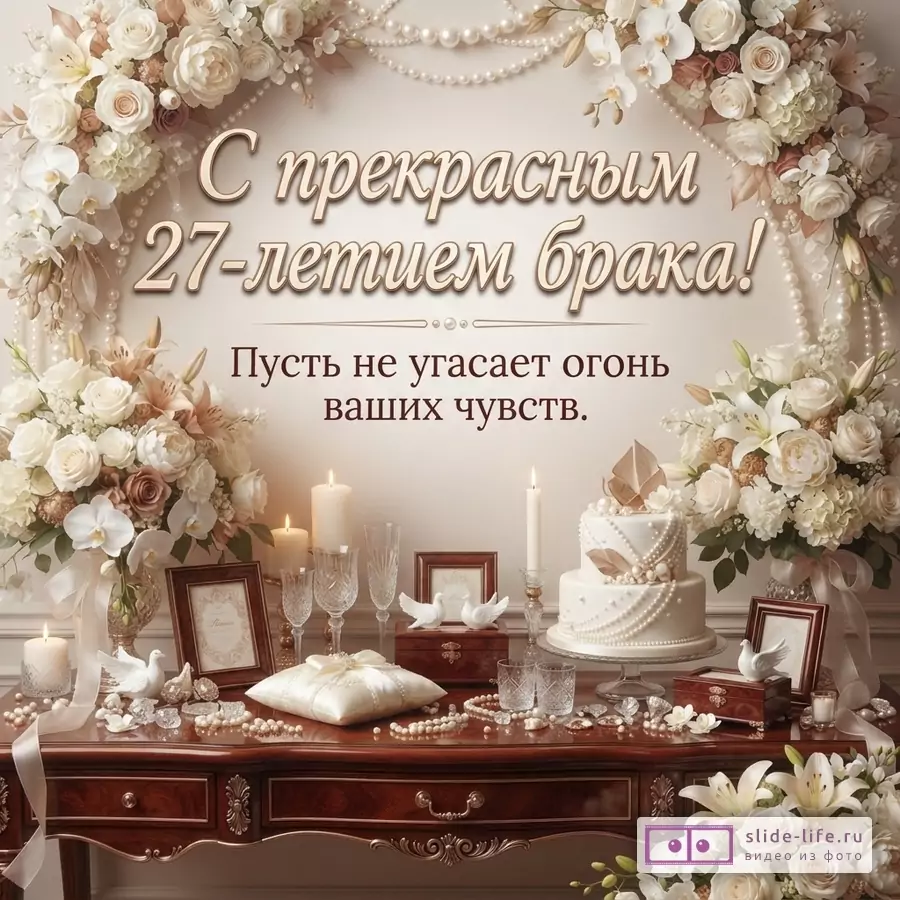 Открытка с бежевым фоном, украшенная цветочными арками из белых и кремовых роз, жемчужными гирляндами. На переднем плане стол с праздничной сервировкой, свечами, бокалами, свадебным тортом и подушечкой для колец. Текст «С прекрасным 27-летием брака! Пусть не угасает огонь ваших чувств.»
