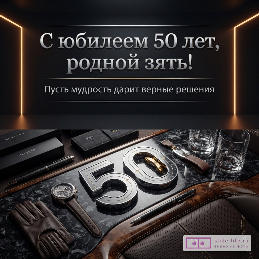Темно-серый фон, оранжевые неоновые линии, серебряный текст «С юбилеем 50 лет, родной зять! Пусть мудрость дарит верные решения». Внизу изображение стола с кожаными перчатками, часами, ручками, стаканами и цифрами «50».