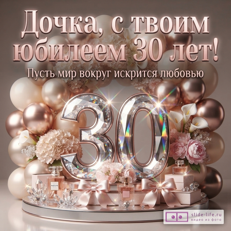 Розово-бежевые воздушные шары, цветы, подарки и хрустальная цифра 30. Текст: «Дочка, с твоим юбилеем 30 лет! Пусть мир вокруг искрится любовью.»