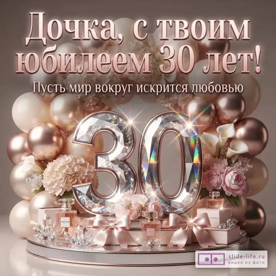 Розово-бежевые воздушные шары, цветы, подарки и хрустальная цифра 30. Текст: «Дочка, с твоим юбилеем 30 лет! Пусть мир вокруг искрится любовью.»