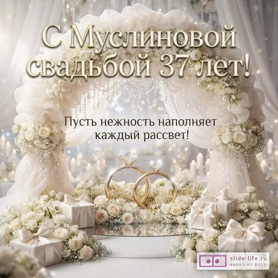 Белый фон, свадебная арка из белых цветов, золотые обручальные кольца с бриллиантами, подарки. Текст: «С Муслиновой свадьбой 37 лет! Пусть нежность наполняет каждый рассвет!»