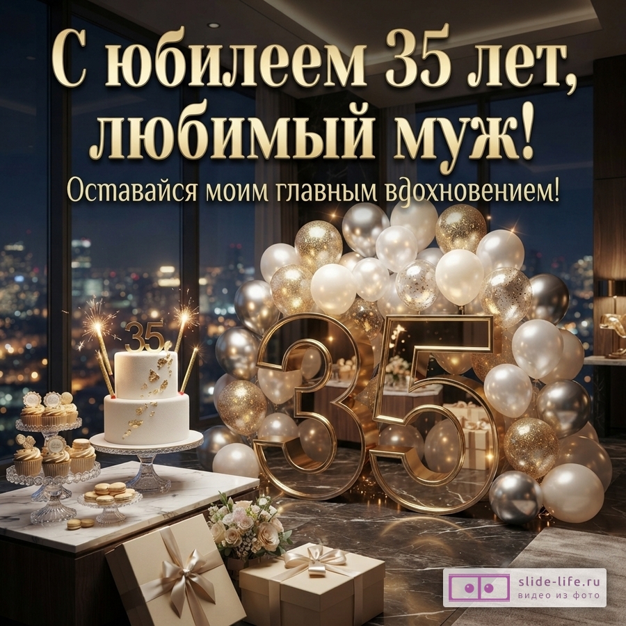Золотая цифра 35 в окружении воздушных шаров, торт и подарки у панорамного окна. Текст: «С юбилеем 35 лет, любимый муж! Оставайся моим главным вдохновением!»