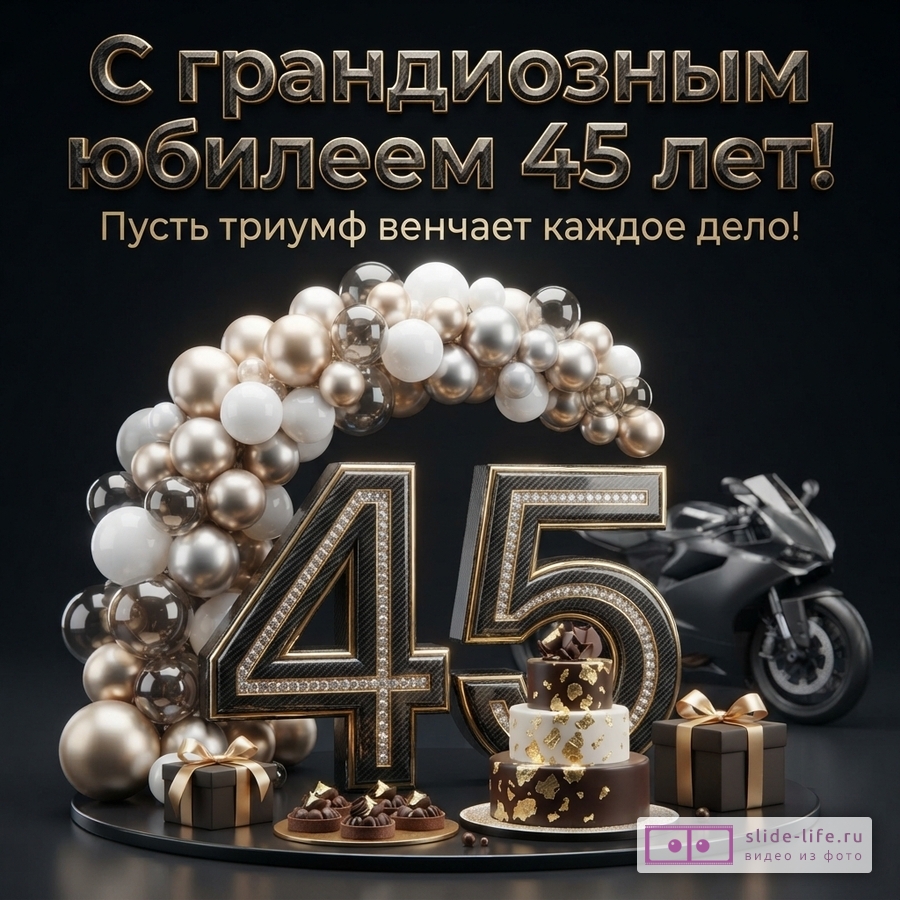Черный фон, золотые и белые шары, цифры «45» с золотой окантовкой и бриллиантами, торт, подарки, мотоцикл. Текст: «С грандиозным юбилеем 45 лет! Пусть триумф венчает каждое дело!»