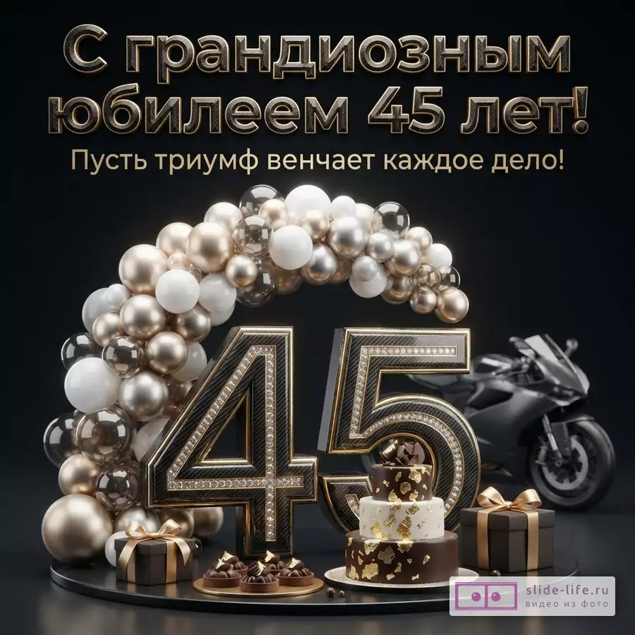 Черный фон, золотые и белые шары, цифры «45» с золотой окантовкой и бриллиантами, торт, подарки, мотоцикл. Текст: «С грандиозным юбилеем 45 лет! Пусть триумф венчает каждое дело!»