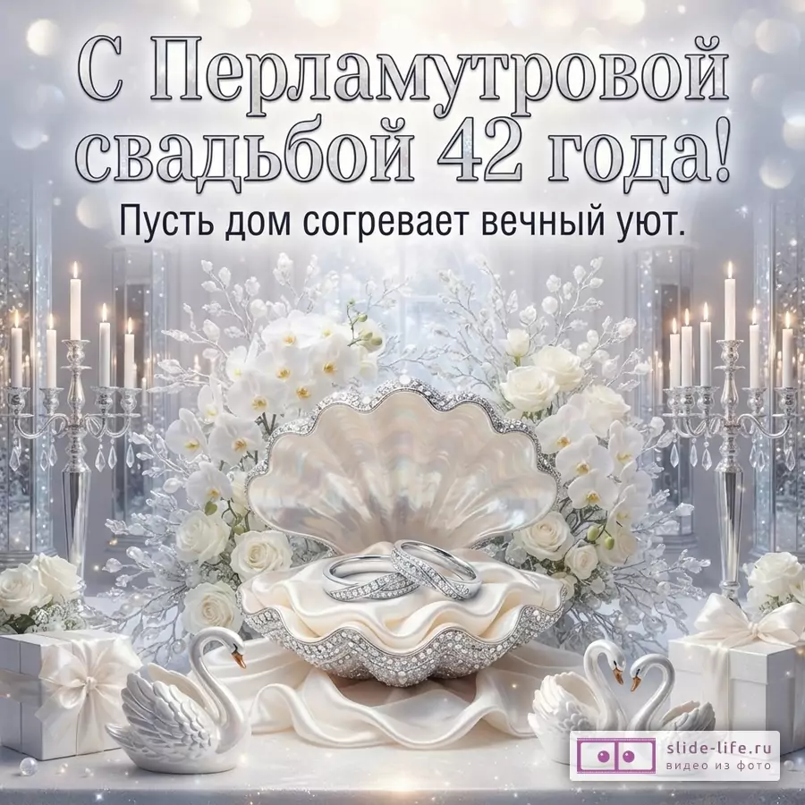 Белый фон с бликами, сверху текст. В центре перламутровая раковина с кольцами, вокруг белые цветы, свечи, лебеди и подарки. Текст: «С Перламутровой свадьбой 42 года! Пусть дом согревает вечный уют.»