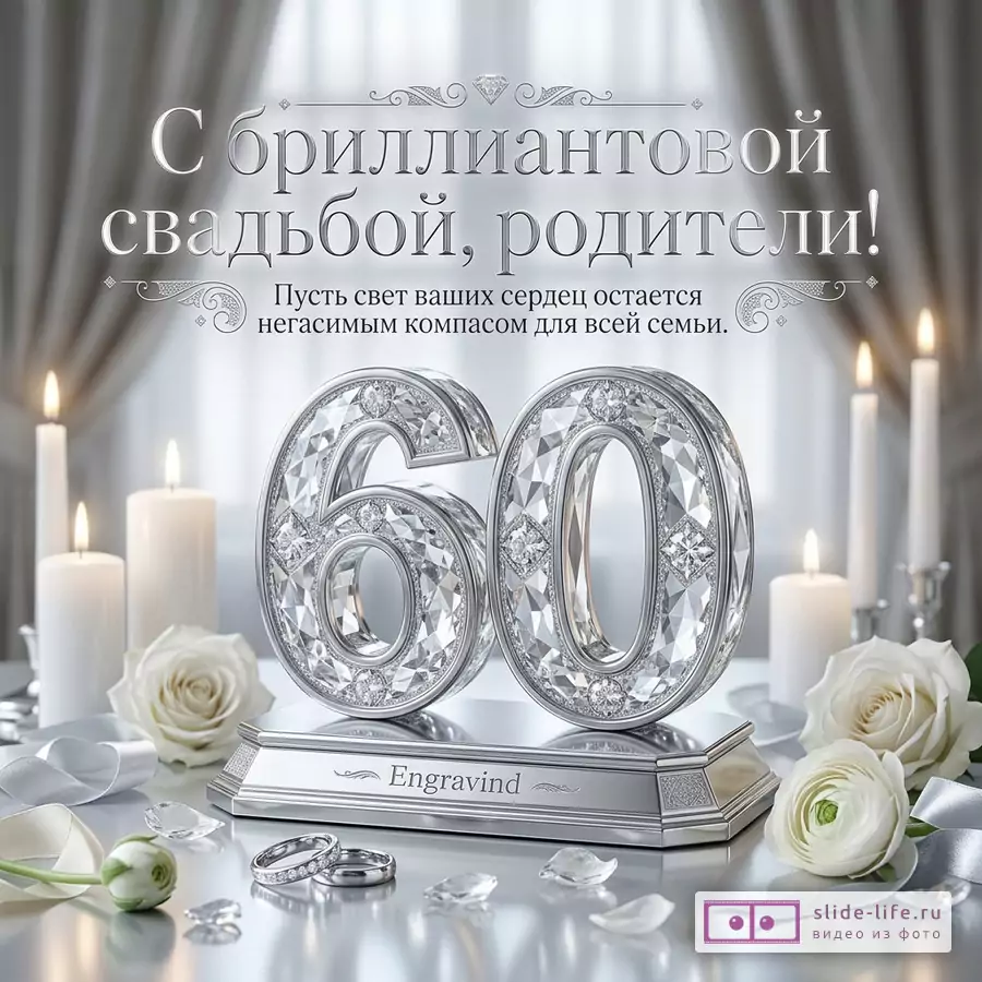 Серебристо-белая открытка с драпировкой, свечами, белыми розами, кольцами и объемной цифрой 60 из кристаллов, текст «С бриллиантовой свадьбой, родители! Пусть свет ваших сердец остается негасимым компасом для всей семьи.»