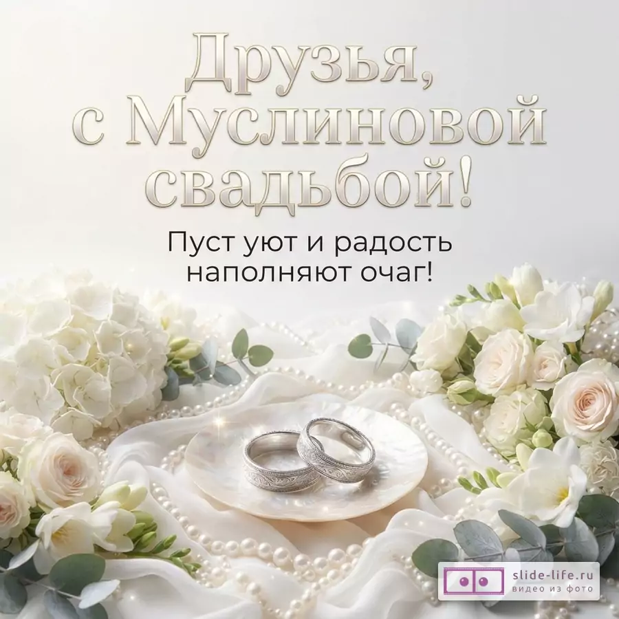 Светлый фон, белые цветы, жемчуг, два обручальных кольца на перламутровой тарелке. Текст: «Друзья, с Муслиновой свадьбой! Пуст уют и радость наполняют очаг!»