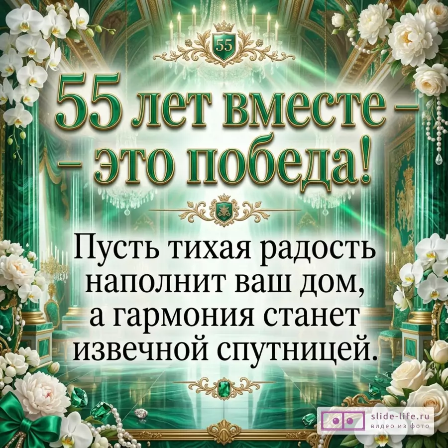 Открытка в изумрудно-белых и золотых тонах с орхидеями, розами, пионами, жемчугом, свечами, люстрами, колоннами, гербом «55» и текстом «55 лет вместе — это победа! Пусть тихая радость наполнит ваш дом, а гармония станет извечной спутницей.»
