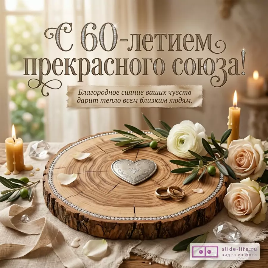Открытка с текстом «С 60-летием прекрасного союза! Благородное сияние ваших чувств дарит тепло всем близким людям.», бежевый фон, свечи, деревянный спил, кольца, сердце, белые розы