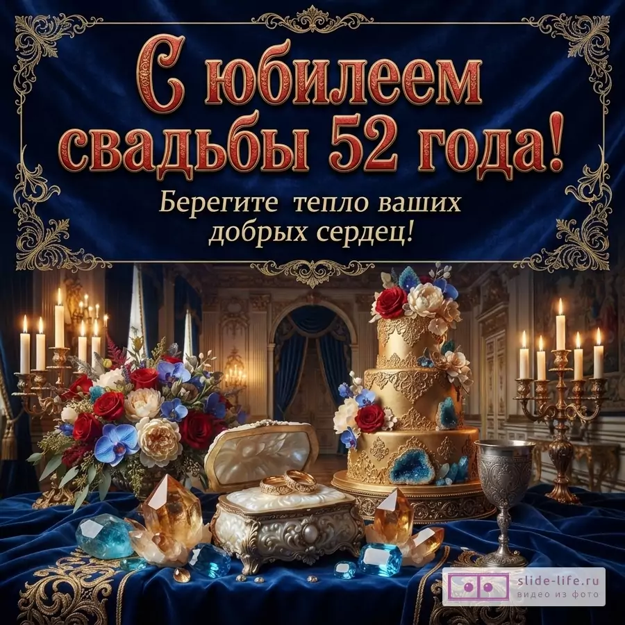 Темно-синий фон, золотой декоративный орнамент по углам и сверху, крупный текст «С юбилеем свадьбы 52 года!», строка «Берегите тепло ваших добрых сердец!», свечи, торт, кольца, цветы, кристаллы