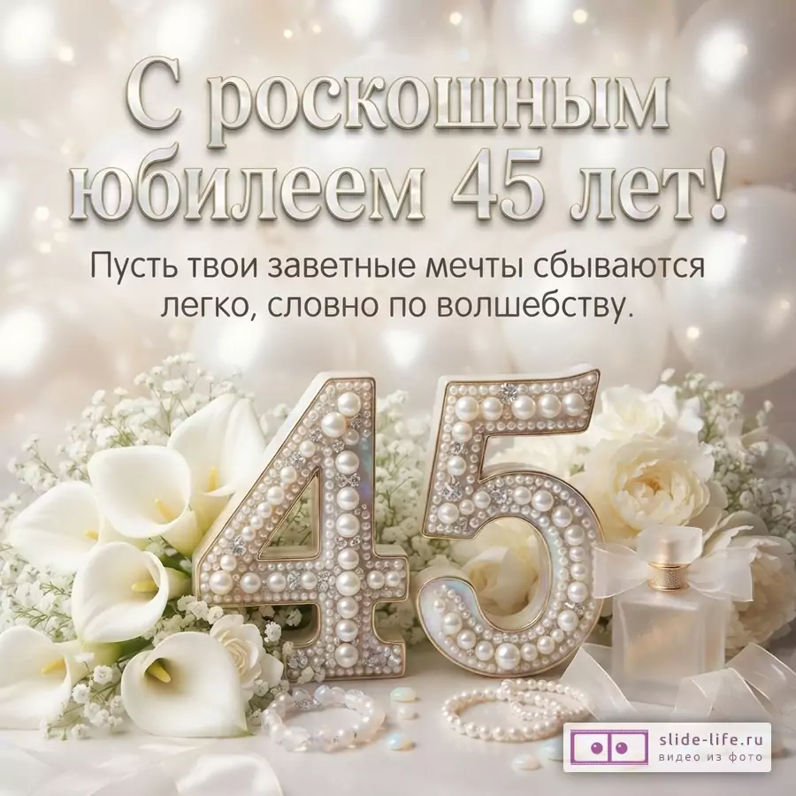 Открытка на бежевом фоне с воздушными шарами. В центре надпись «С роскошным юбилеем 45 лет! Пусть твои заветные мечты сбываются легко, словно по волшебству.». Внизу объемные цифры 45, украшенные жемчугом и стразами, белые каллы, розы, гипсофила, жемчужные браслеты, флакон духов.